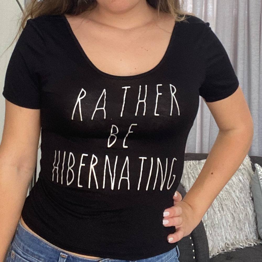 Bethany Mota Rather be hibernating black crop top T-shirt